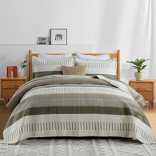 Vista 16 de Y-PLWOMEN Colcha tamaño Queen – Colcha reversible de 100% algodón a rayas, ligera, acogedora y moderna, ropa de cama de campo para todas las Azul