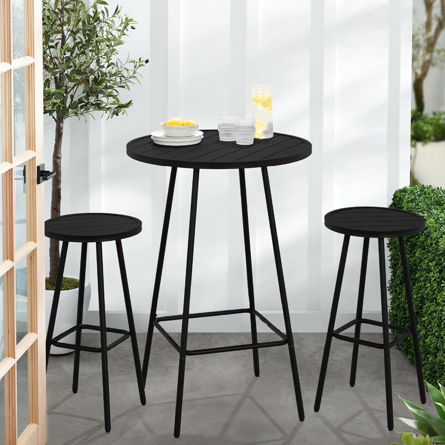 Best Choice Products 3-Piece Patio Dining Set, Bar Height, Outdoor Bistro Set, Outdoor Round Bar Table w/ 2 Bar Stools, Steel - Black