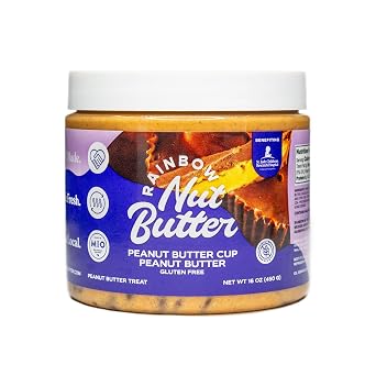 Rainbow Nut Butter, Peanut Butter Cup Peanut Butter, Spread, Treat, Snack, Dessert, Milk Chocolate Chips, High Protein Flavored Nut Butter, 16 oz Jar.