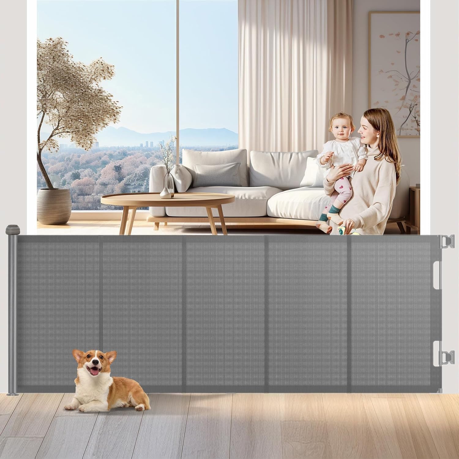 Einziehbares Babygitter für Treppen, Türschutzgitter Mit Schloss, Hundegitter für Treppen, Türen, Flure, drinnen und draußen