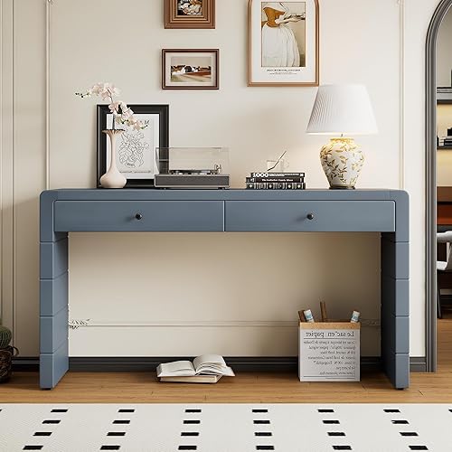 Miniatura 149 de Mesa consola contemporánea con parte superior de madera de hormigón de inspiración industrial, armario de almacenamiento de acento para sala de Gris