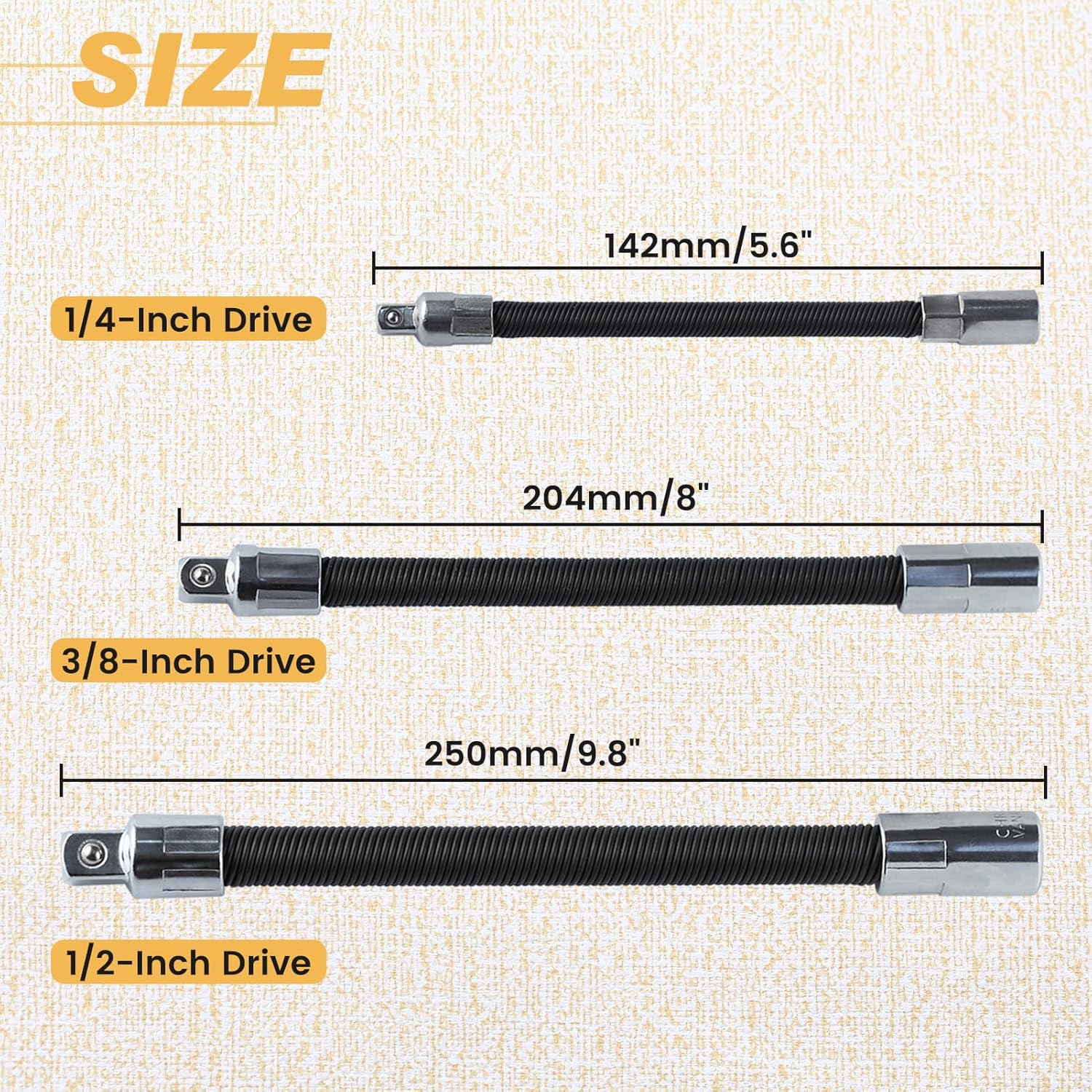 3Pcs Flexible Extension Bar Set 1/2-Inch 1/4-Inch 3/8-Inch Drive Flexible Socket Extension Bars Flexible Socket Extension Cables, Metal Extensions with Flexible Shafts Hand Tool Set