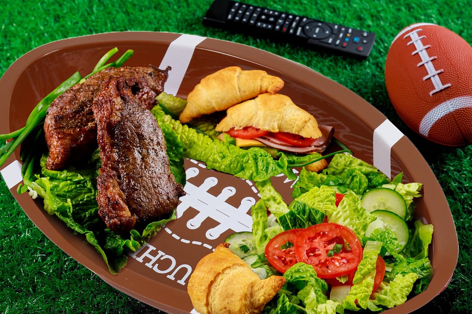 GiftExpress 10PC Plastic Football Serving Trays, Game Day Football Themed Serving Tray, Green and Brown Color Serving Tray with Football and Football Field Design