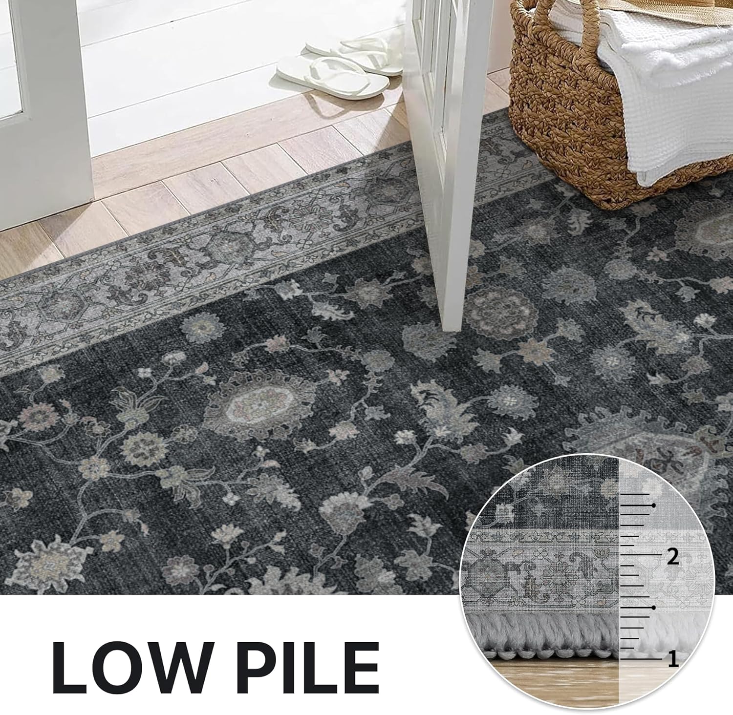 GENIMO Runner Rug for Hallways Machine Washable, 2x6 Non Slip Boho Vintage Lightweight Washable Runners, Thin Floor Rugs for Entryway Hallway Bathroom Laundry Room Corridor, Charcoal