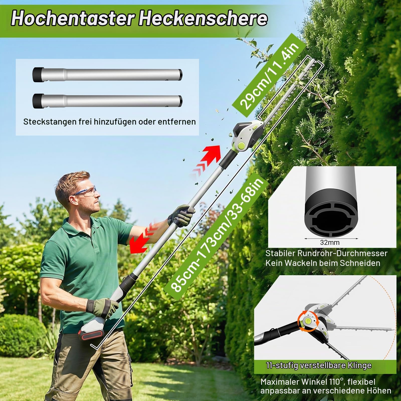 Akku Heckenschere mit Teleskopstiel und Rollen, 4-in-1 Elektro-Teleskop-Astschere & Grasschere mit Leistungsdisplay und 2x21V Akkus, Aluminiumlegierung, Max 1,73m, 110° Verstellbarer Kopf