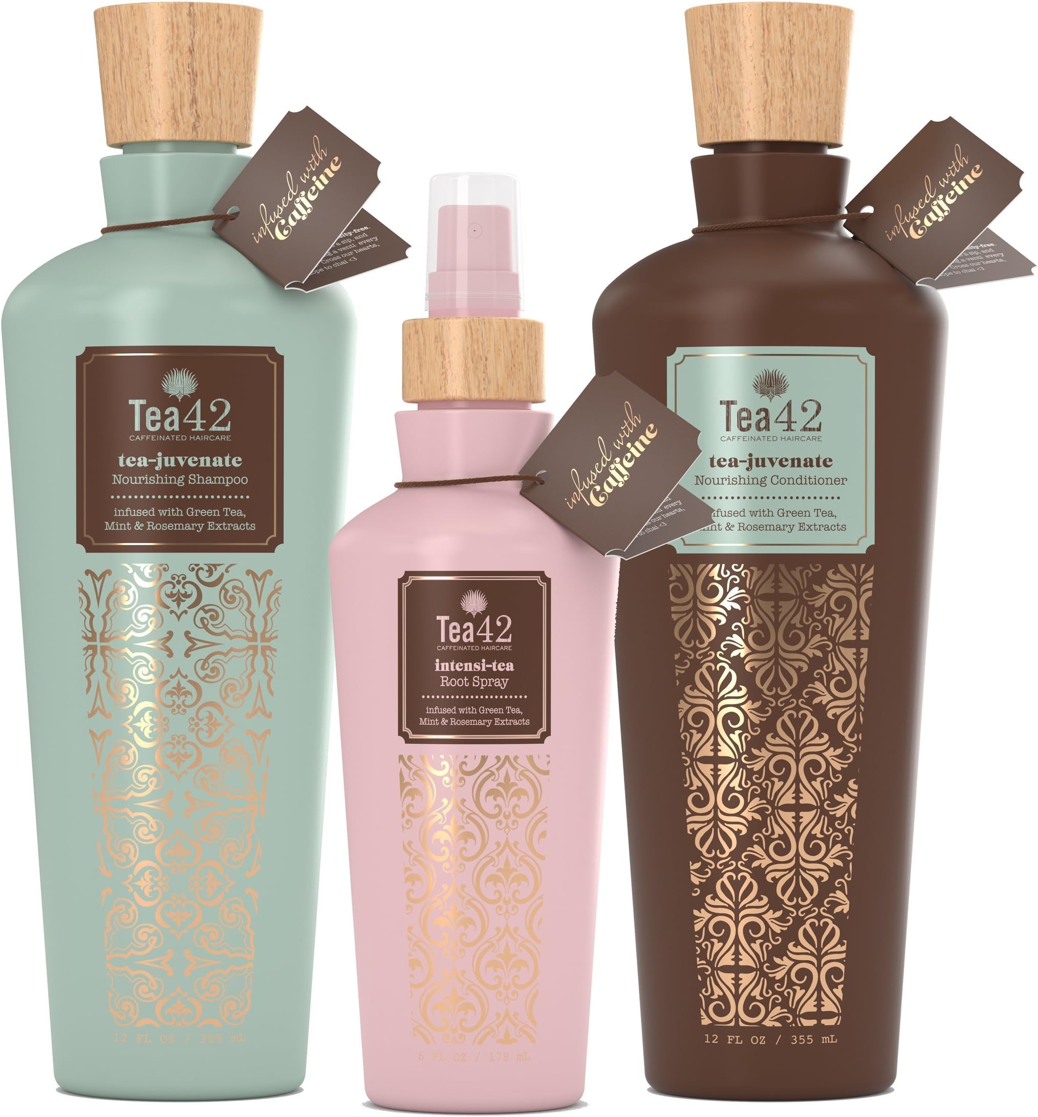 Tea42 - Premium Caffeine Shampoo, Conditioner And Root Spray Leave In Conditioner Gift Set Infused with Organic Green Tea Extract Sulfate Free Ingredients