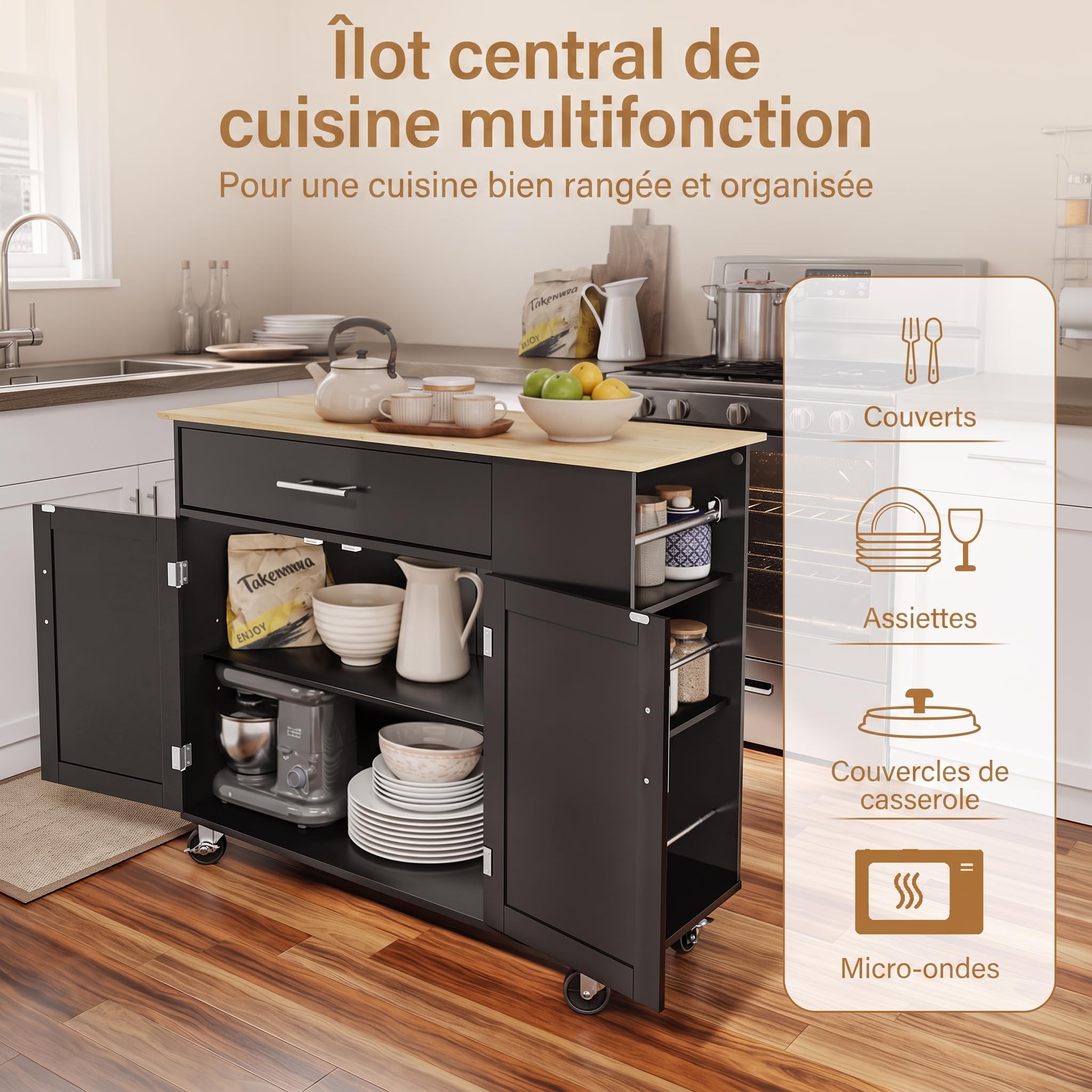 SoBuy Desserte Cuisine avec roulettes freinées et 3 étagères 99x40x84,3 cm | Meuble rangement cuisine, grand plan en bois, charge 75 kg, tiroir et placard 2 portes, MDF/PB, pour la cuisine, FKW133-SCH