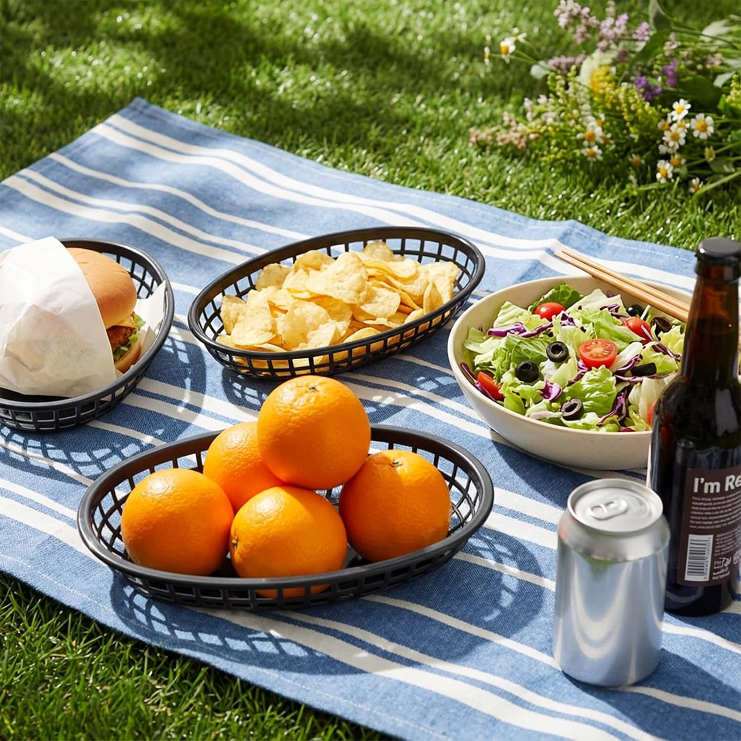 100 Pcs Oval Fast Food Baskets, 8.9" L x 5.3" W Plastic Black Bread Basket Reusable Deli Chip Basket Food Serving Tray for Burgers, Nachos, Fries, Snacks, Hot Dogs, Sandwiches Restaurant Supplie