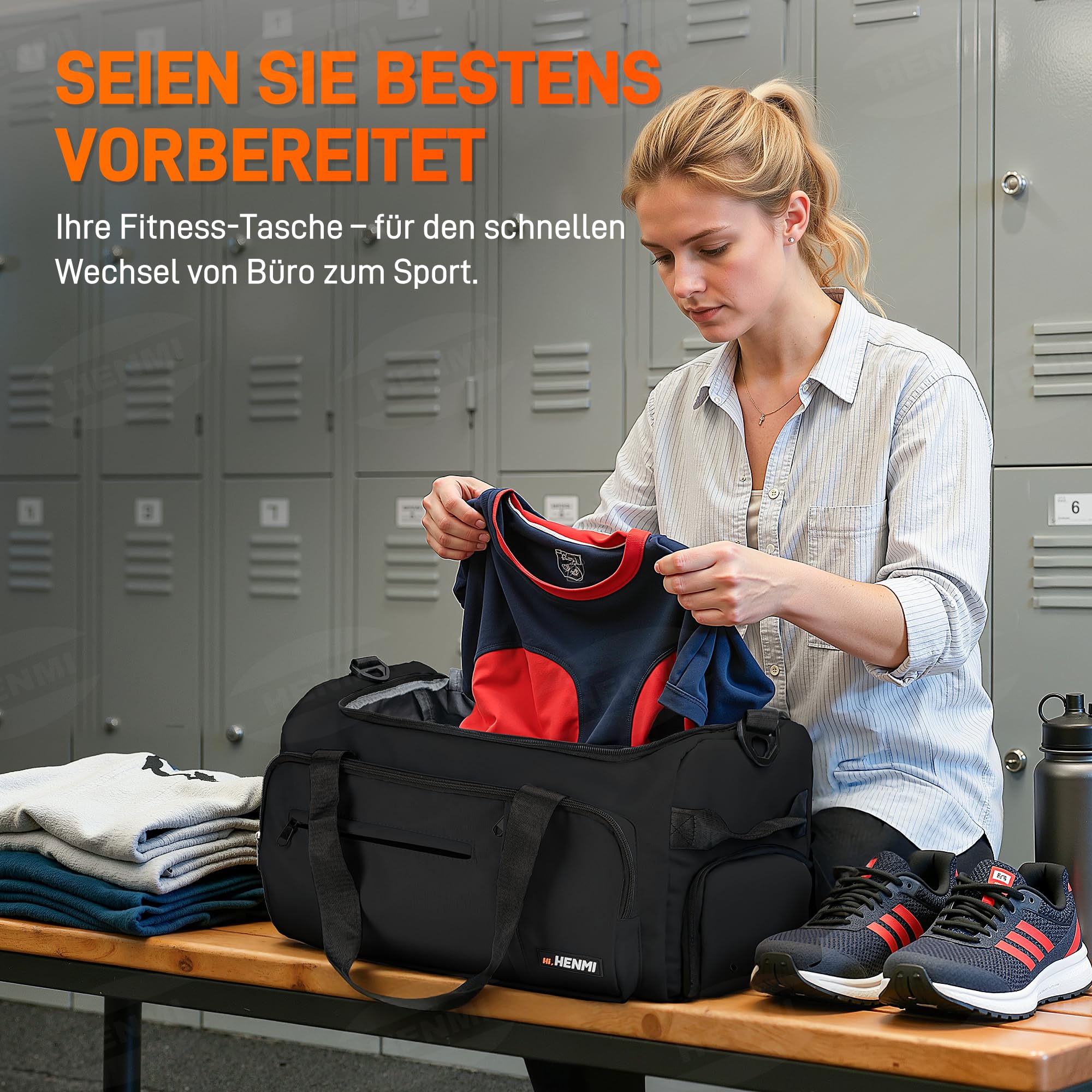 HENMI Sporttasche & Reisetasche für Herren und Damen, 43L Groß gymbag mit Schuhfach und Nassfach, Faltbare Gym Tasche für Sport und Travel, Sport Tasche, Trainingstasche, Gym Tasche (Schwarz)
