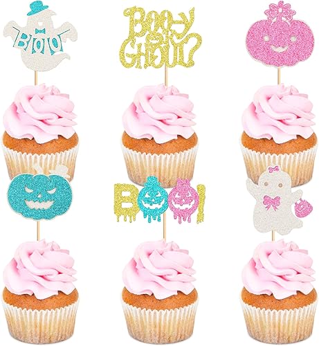Miniatura 1 de Ercadio Paquete de 24 adornos para cupcakes de Halloween con purpurina para Halloween, fantasma, revelación de género, para cupcakes, calabaza, boo,