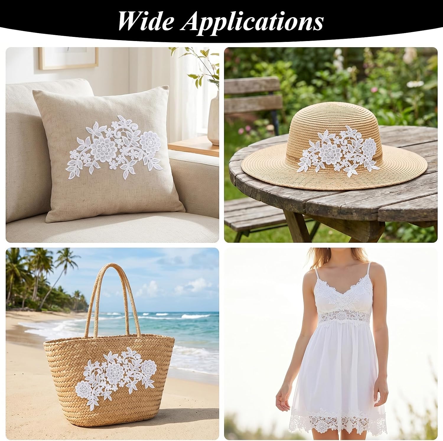 4 Pcs Lace Applique, 3D Embroidery Dress Applique Patches White Flower | for Wedding Bridal Gown, DIY Clothing Sewing Embellishments DIY Crafts Accessories Decoration