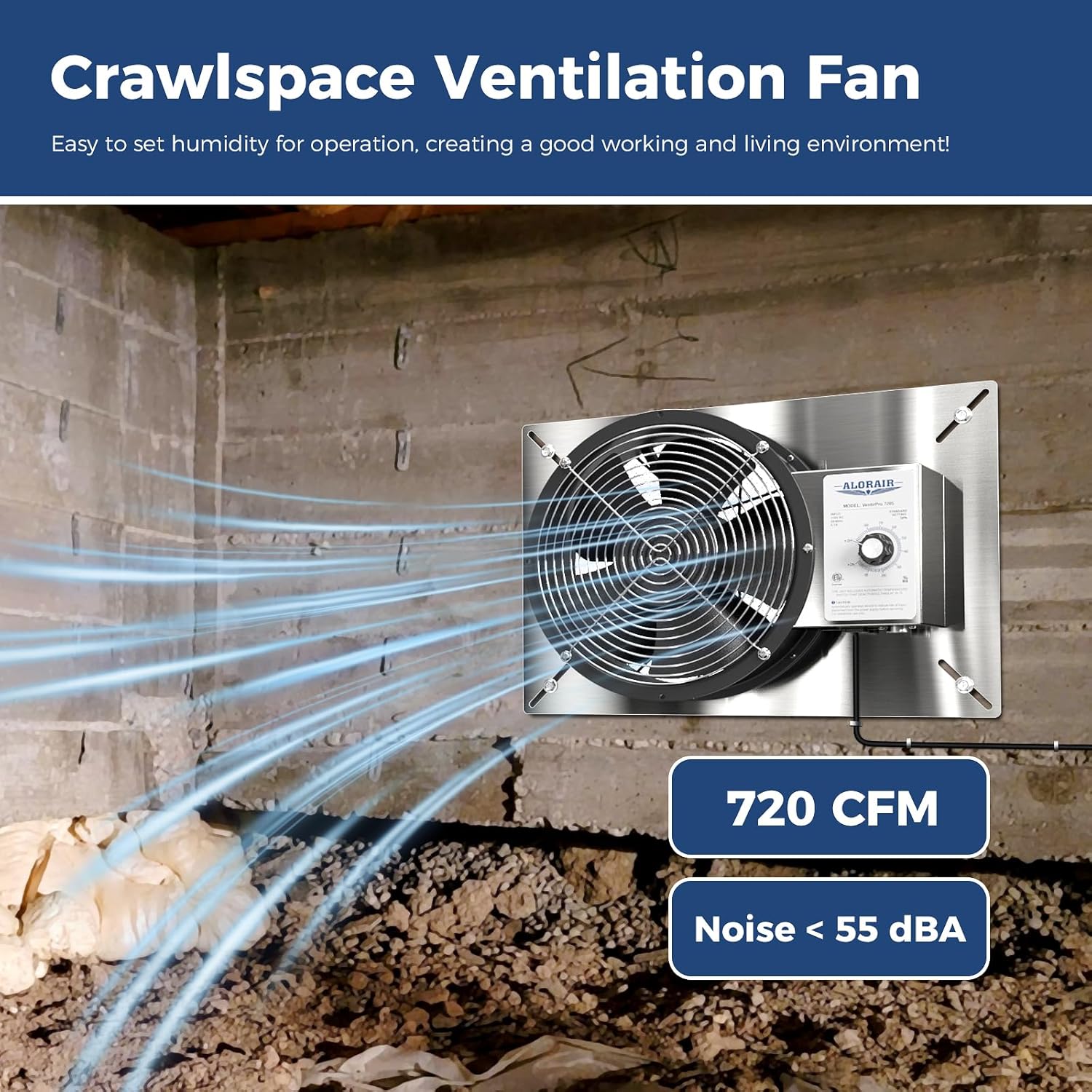 ALORAIR 720 CFM Stainless Steel Crawl Space Ventilation Fan with Humidistat Dehumidistat, IP55 Rated Crawlspace Vent Fan for Foundation Basements Garage Attic