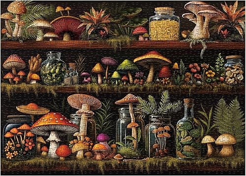 Miniatura 2 de Hermosos rompecabezas de estantería de hongos para adultos, 1000 piezas de naturaleza, coloridos rompecabezas de arte de botella de plantas,