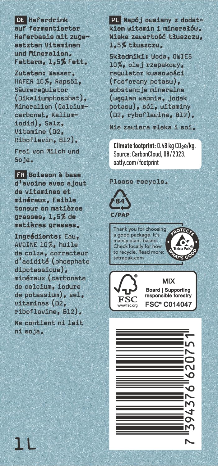 Oatly Haferdrink 1,5% Fett - Packung mit 6 (6 x 1 Liter)