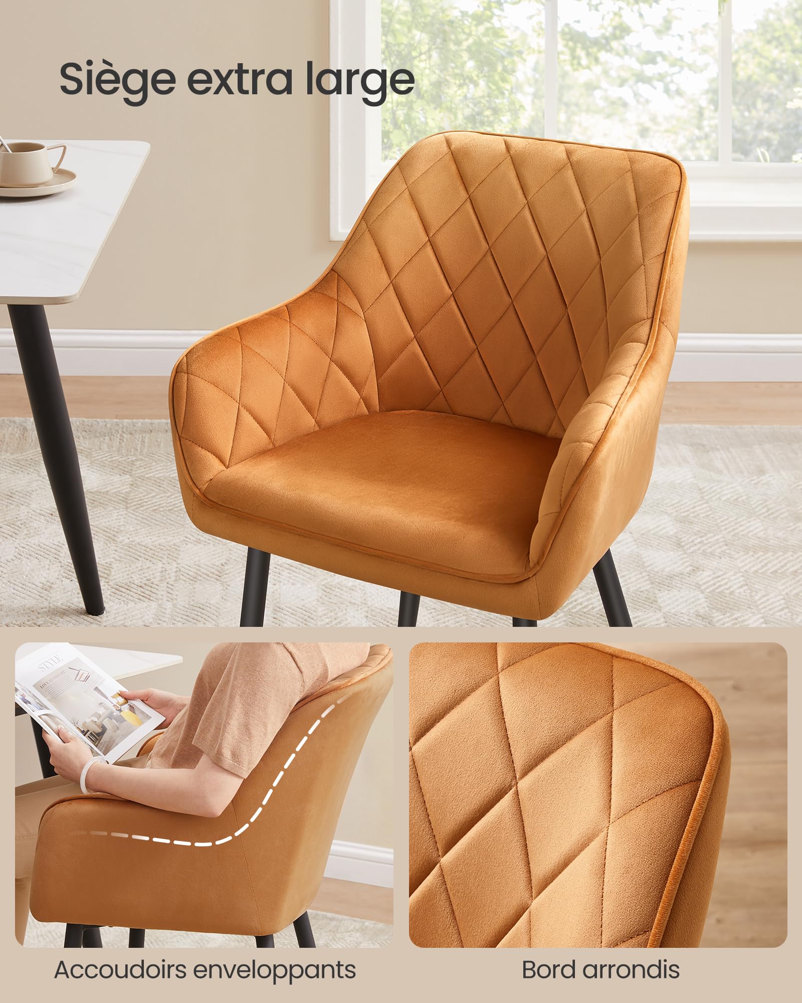 SONGMICS Chaise Salle à Manger, avec Accoudoirs, Revêtement en Velours