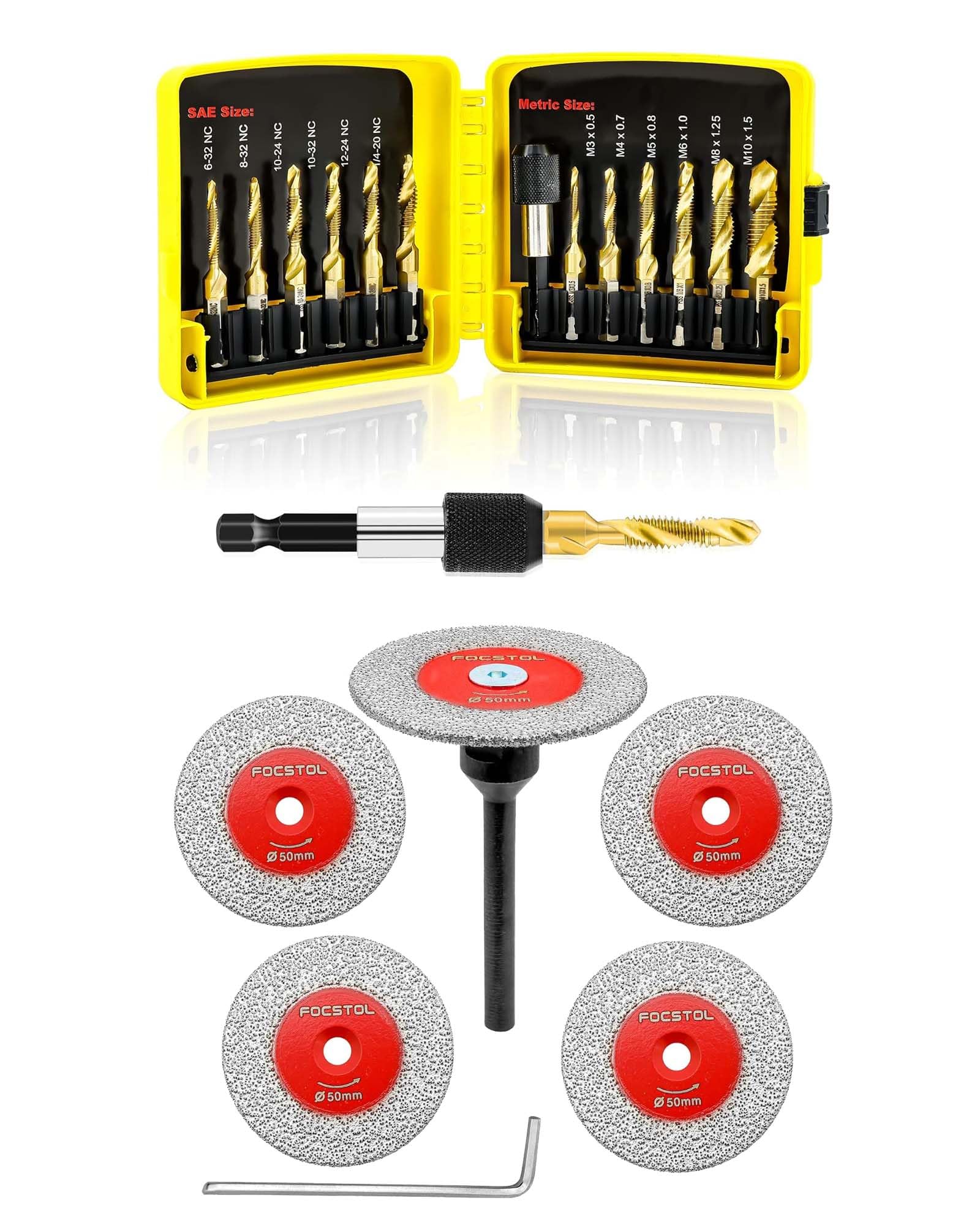 FOCSTOL Disco Diamante Corte 5 piezas 50mm Disco Cortar Azulejos y 1 pieza 6mm Mango Redondo y Juego Combinación Recubiertas Titanio 13 piezas (6-32NC a 1/4-20NC y M3 a M10)