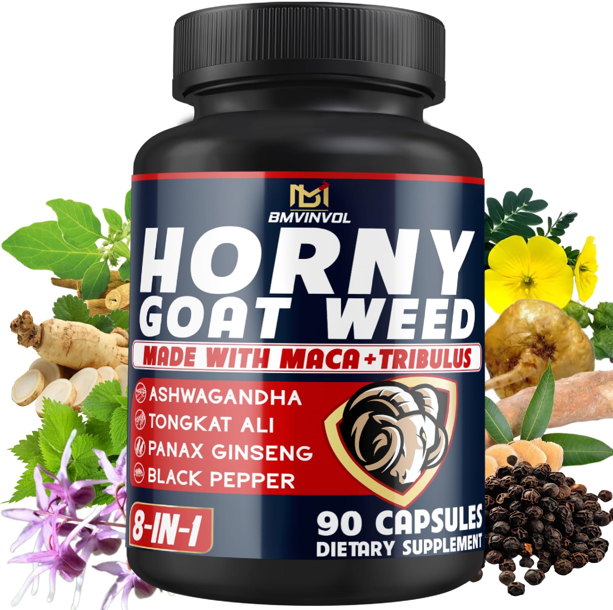 BMVINVOL Horny Goat Weed for Men - Extra Strength Supplement with Maca, Ginseng, Tribulus Terrestris, Ashwagandha - 90 Capsules