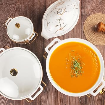 Mini Ceramic Serving French Tureen Set with Glass Lid and Rack, 400 ML Casserole Baking Dish, Chafing Dish for Buffet, Food Preserve Tray, Catering Casserole for Party Style