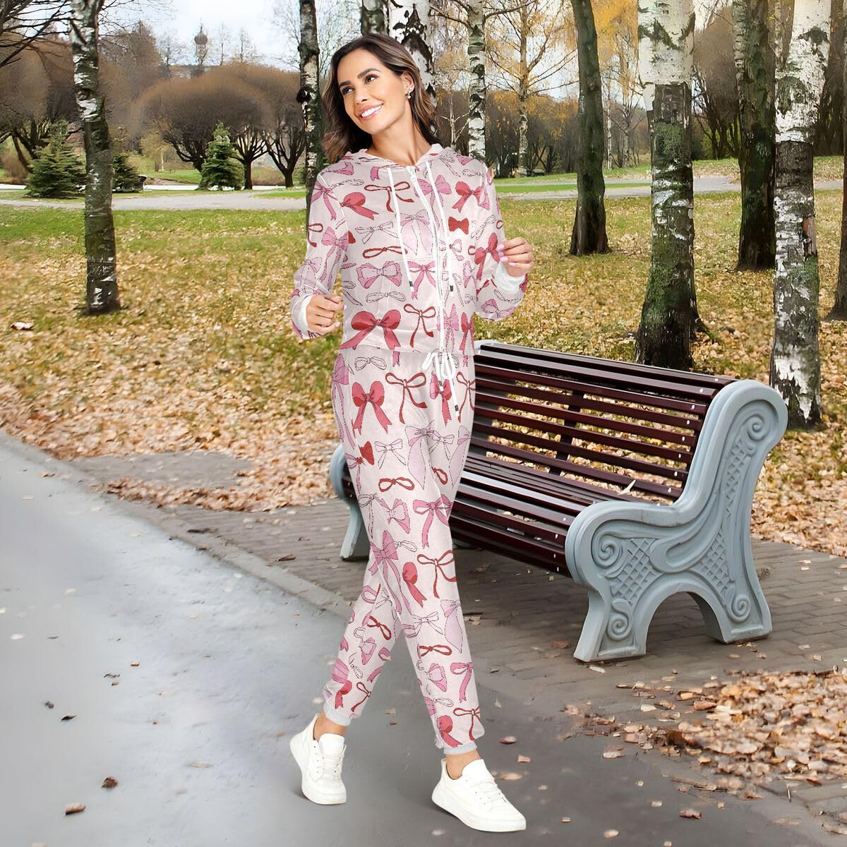 Conjunto deportivo de 2 piezas para mujer, con lazo rosa, de manga larga, conjunto deportivo de dande