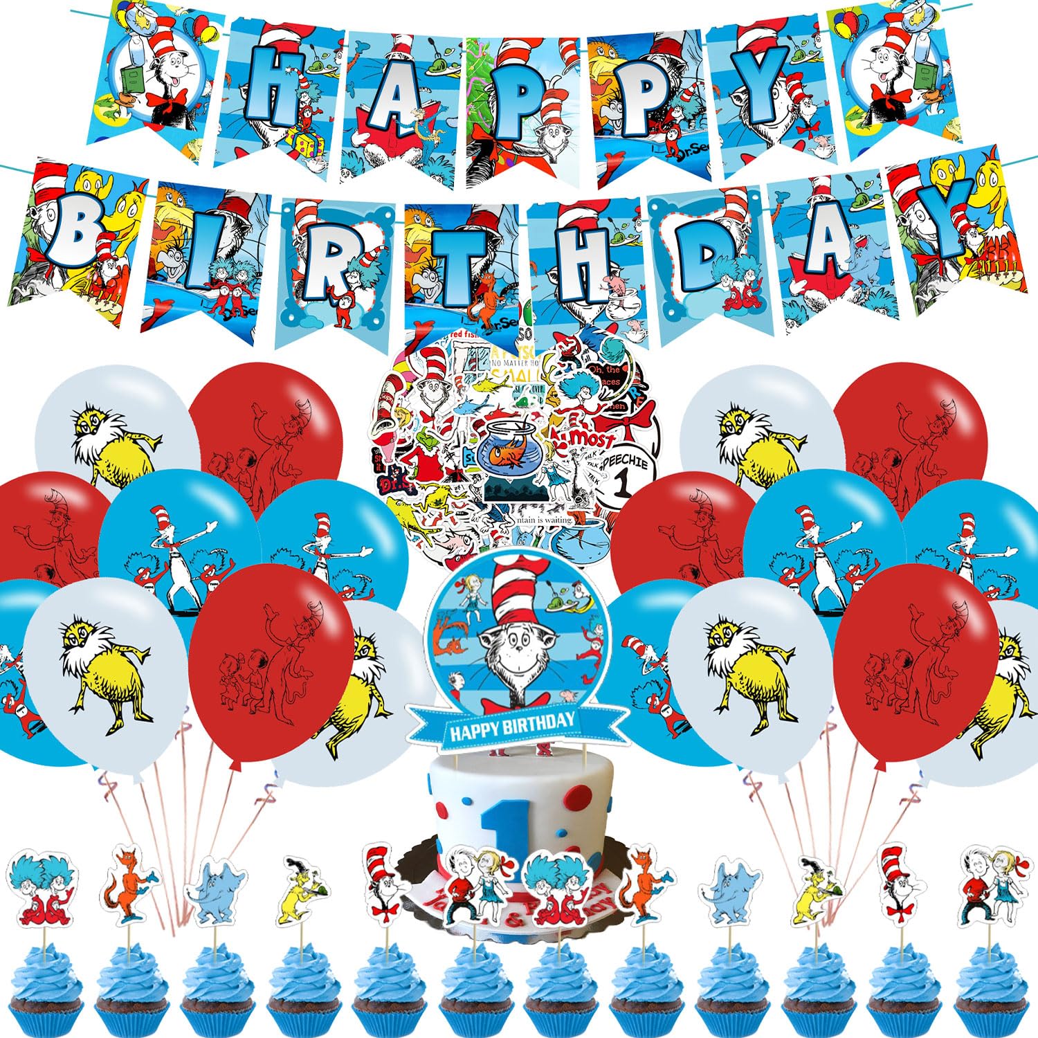 MnhjkiuoDoctor Birthday Party Seuss Decorations, Thing 1 And Thing 2 Party Supplies Set with Happy Birthday Banner, Cake topper, Cupcake Toppers, Balloons for Cat In The Hat Party Decorations