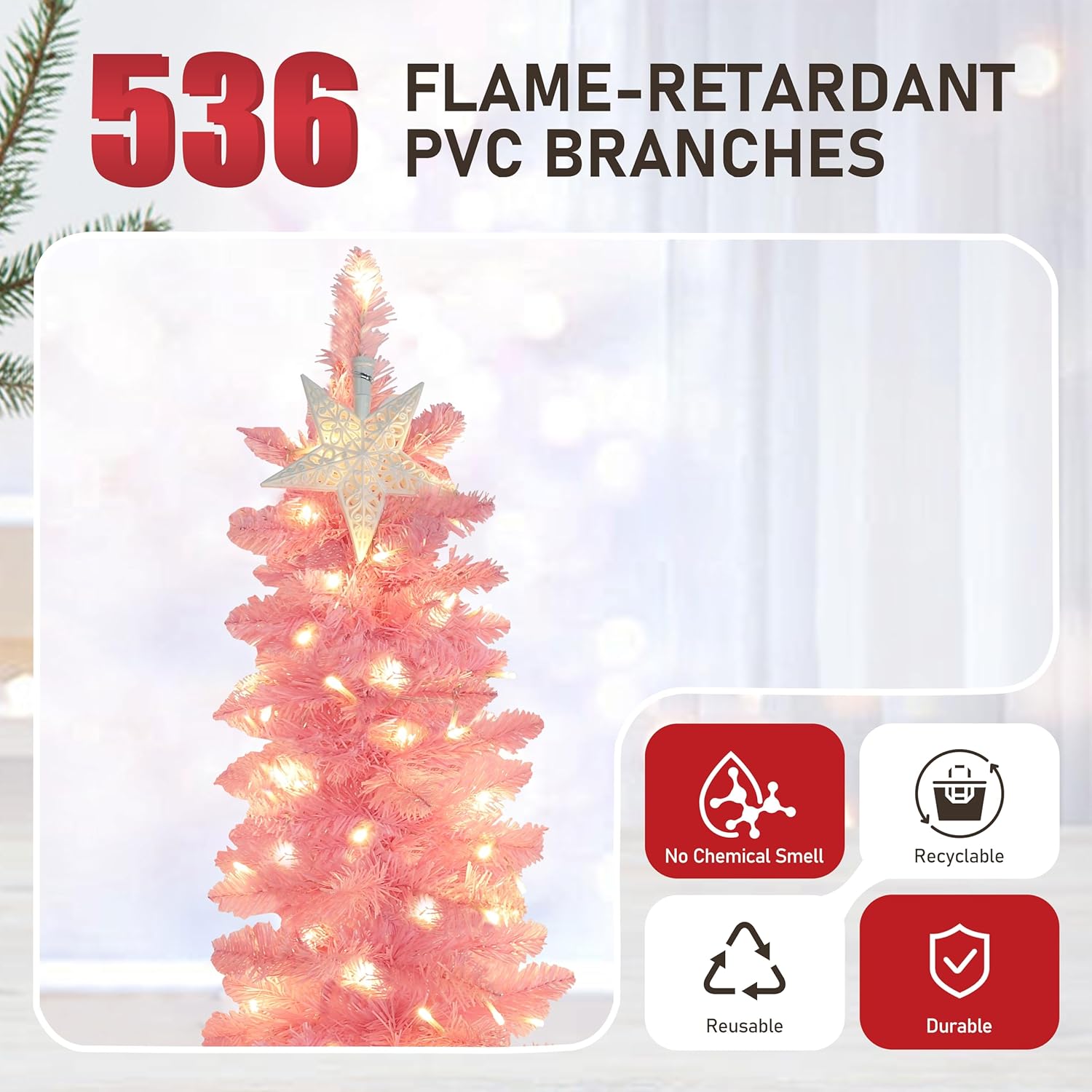 MUPATER 6FT Slim Pink Christmas Tree, Artificial Christmas Trees with Lights, Skinny Pencil Xmas Tree with Curved Top Design and Metal Stand, Holiday Decoration for Home, Office and Party, Pink