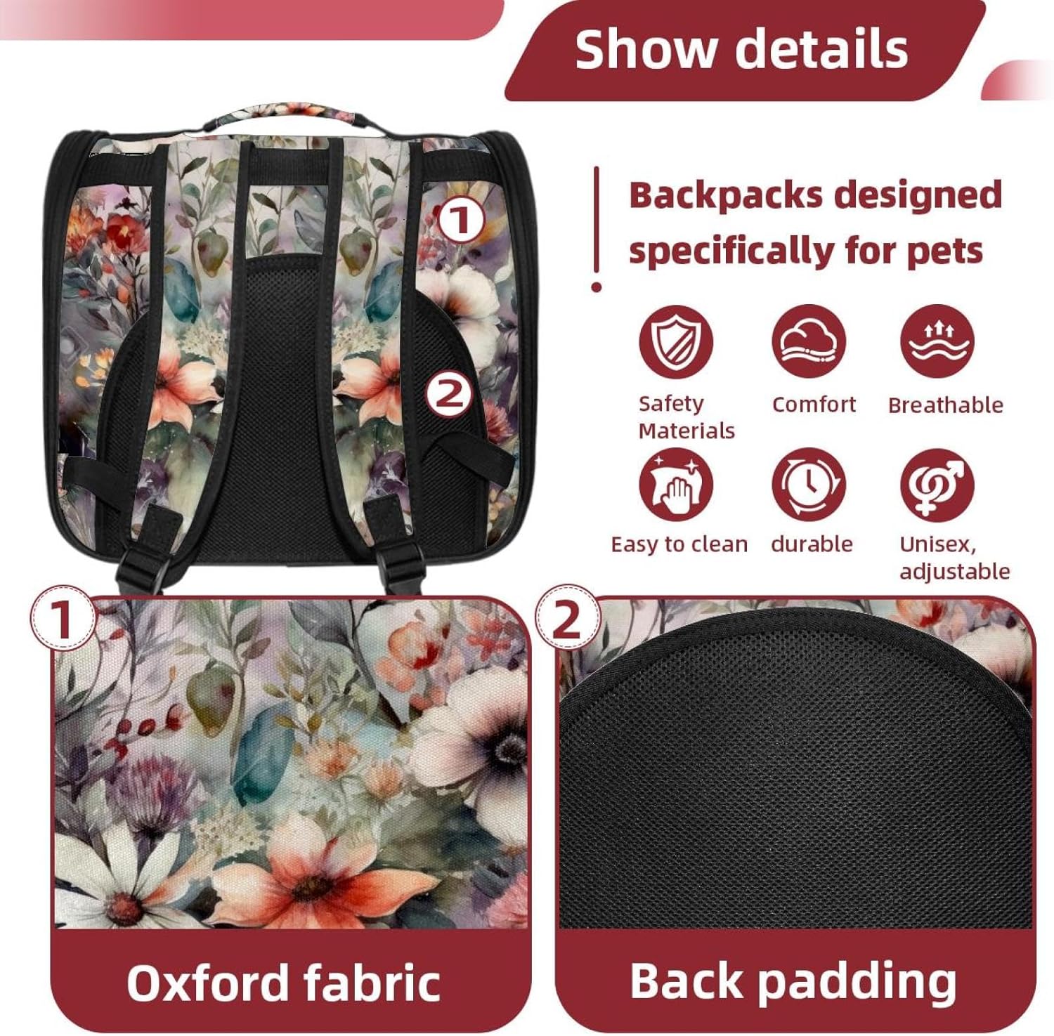 Floral Pattern with Flowers Pet Carrier Airline Approved Soft Sided Portable Cozy Travel Pet Bag, Car Seat Safe Carrier for Cats and Dogs