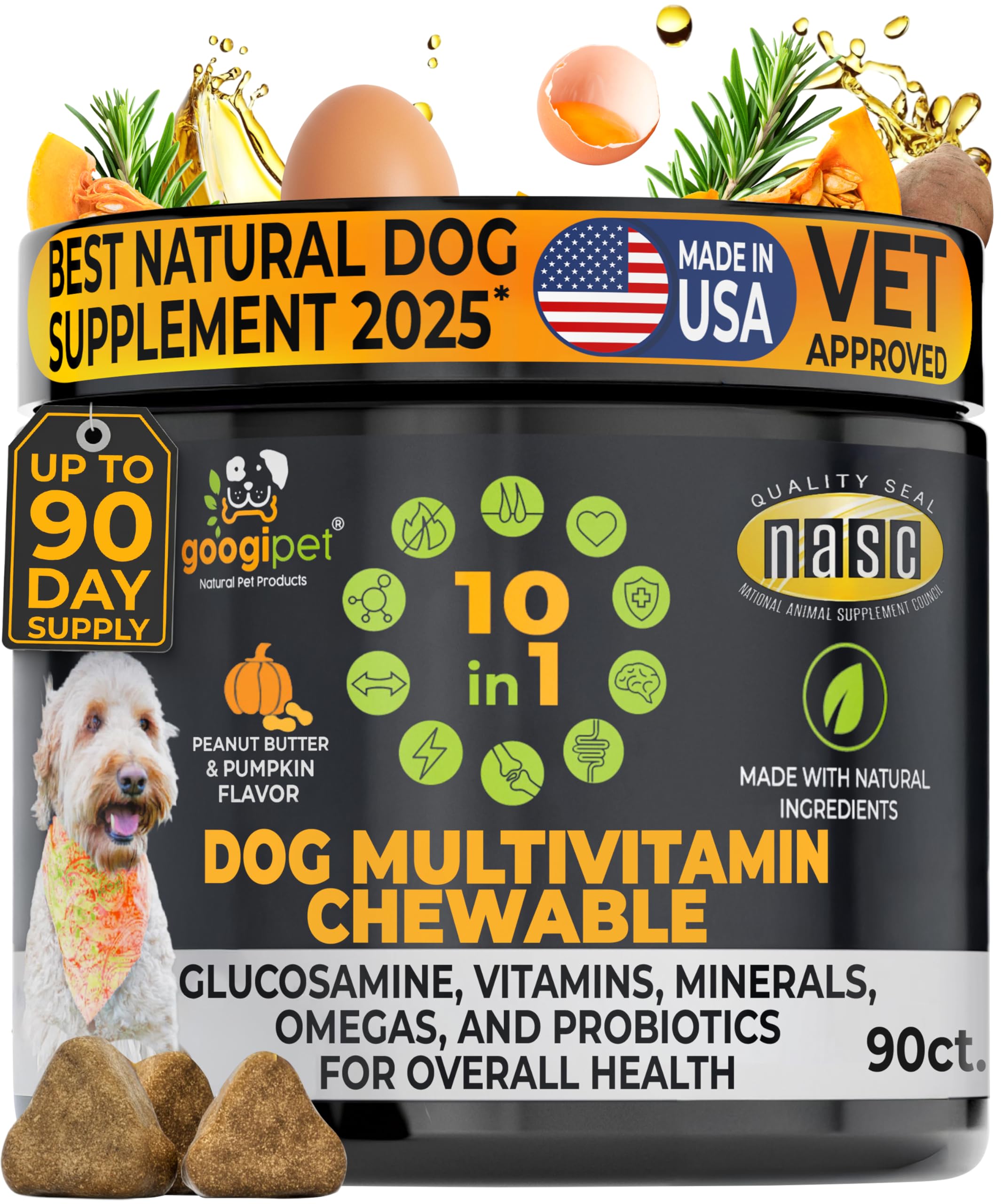 Googipet Premium 10 in 1 Dog Vitamins Multivitamin Chewable with Probiotics for Gut Health, Dog Vitamins and Supplements w/Vitamin C & Glucosamine for Joint Support (Peanut Butter & Pumpkin Flavor)