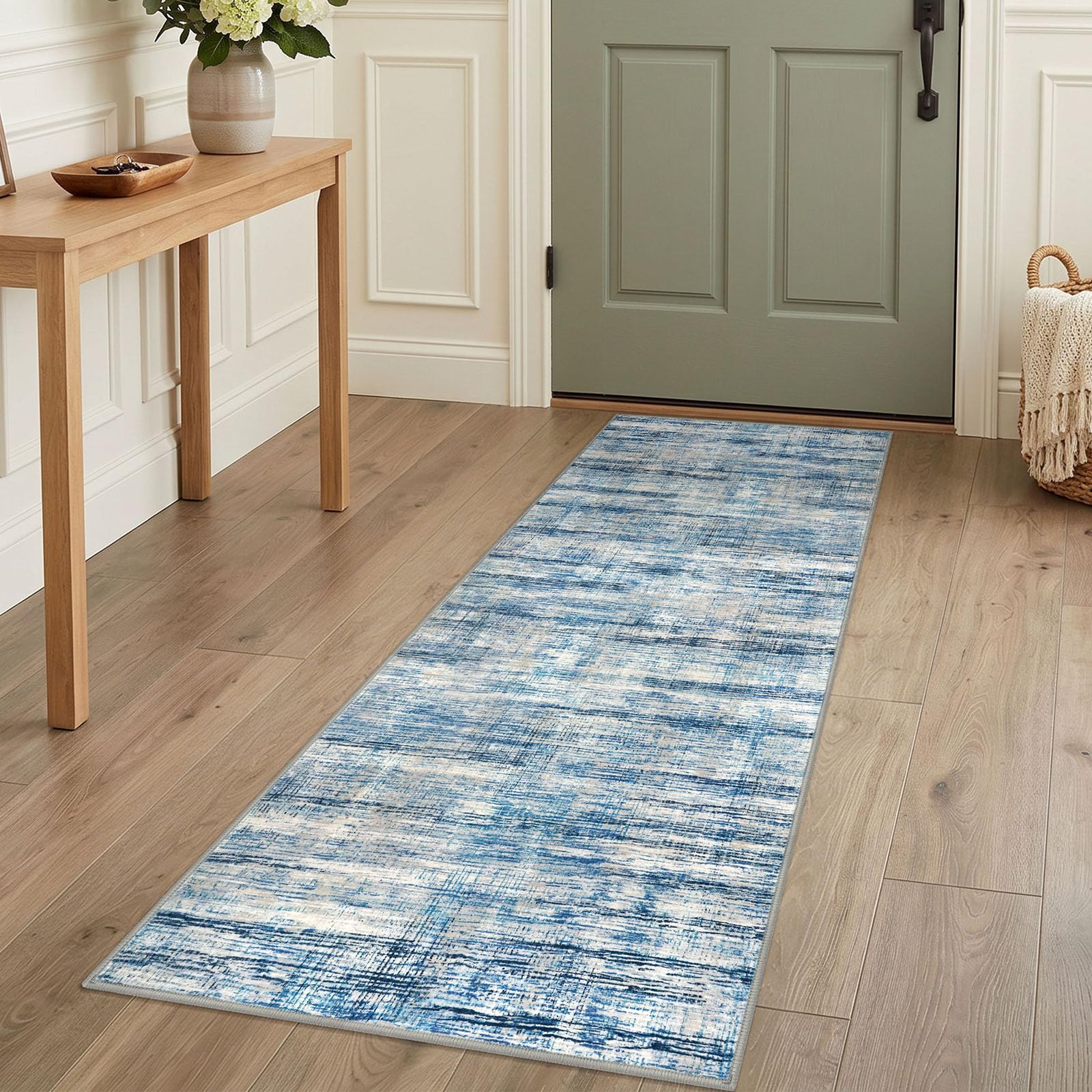 KOZYFLY Modern Kitchen Runner Rug 2x5 Washable Rug Runner Blue Beige