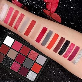 UCANBE Red Eyeshadow Makeup Palette, 15 Colors Burgunry Gray Silver Shimmer Matte Glitter Metallic Eye Shadow Pallet, Pigmented Make Up Kit for Halloween Parties Christmas Joker Vampire Clown