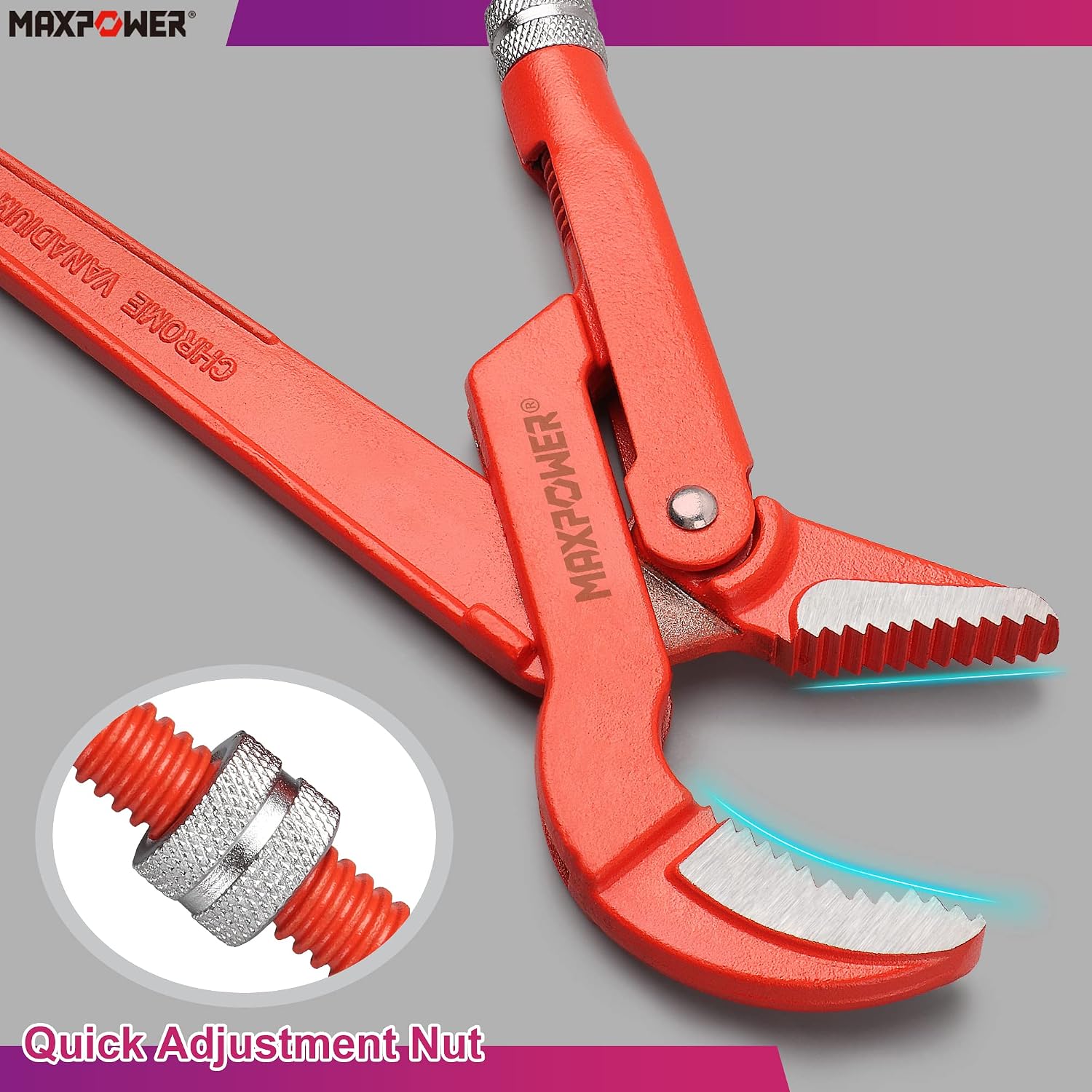 MAXPOWER 12 inch Swedish Pipe Wrench, 2-1/4 inch Jaw Capacity, 45 Degree Angled Jaw, Fast Adjustable Plumbing Wrench
