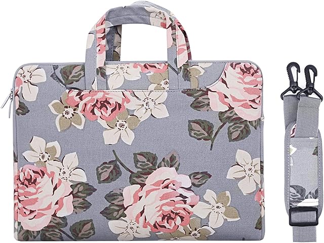MOSISO Laptop Shoulder Messenger Compatible with MacBook Pro 16 inch 2023-2019 M2 A2780 M1 A2485 Pro/Max A2141/Pro Retina 15, 15-15.6 inch Notebook,Canvas Fabric Rose Pattern Handbag Case Sleeve, Gray