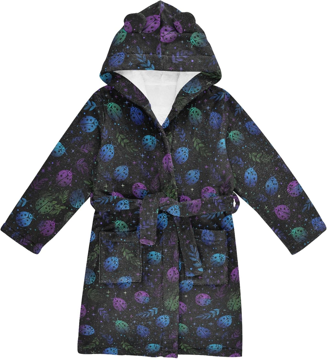 Neon Blue Green Purple Ladybugs and Stars Bathrobe Hooded PJ Robe Soft Fleece Robe Sleepwear 2-12 Years