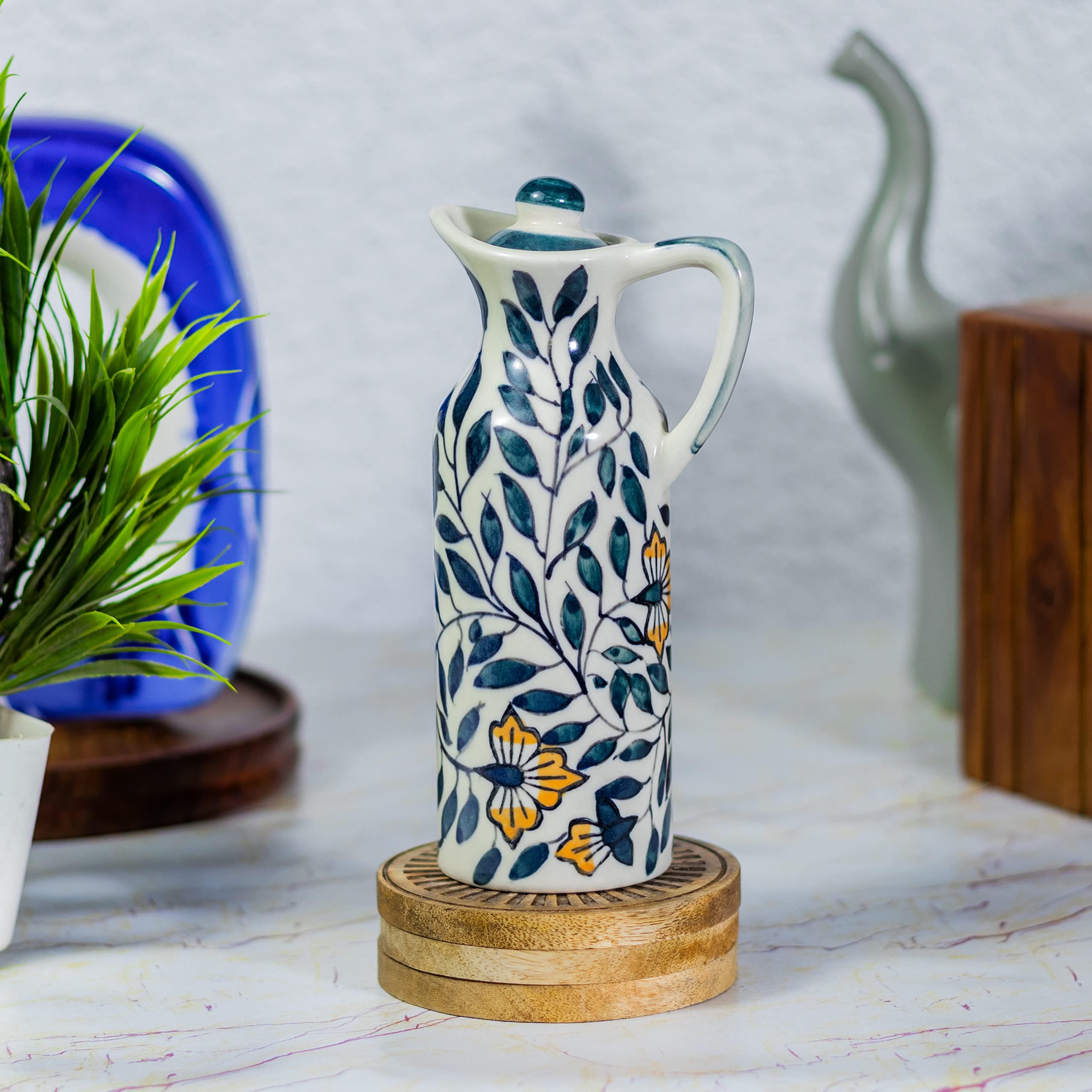 KAOLINITE Ceramic Oil Dispenser for Kitchen Stylish Green Leaf Design :- 300ml (Pack of 1 Unit)