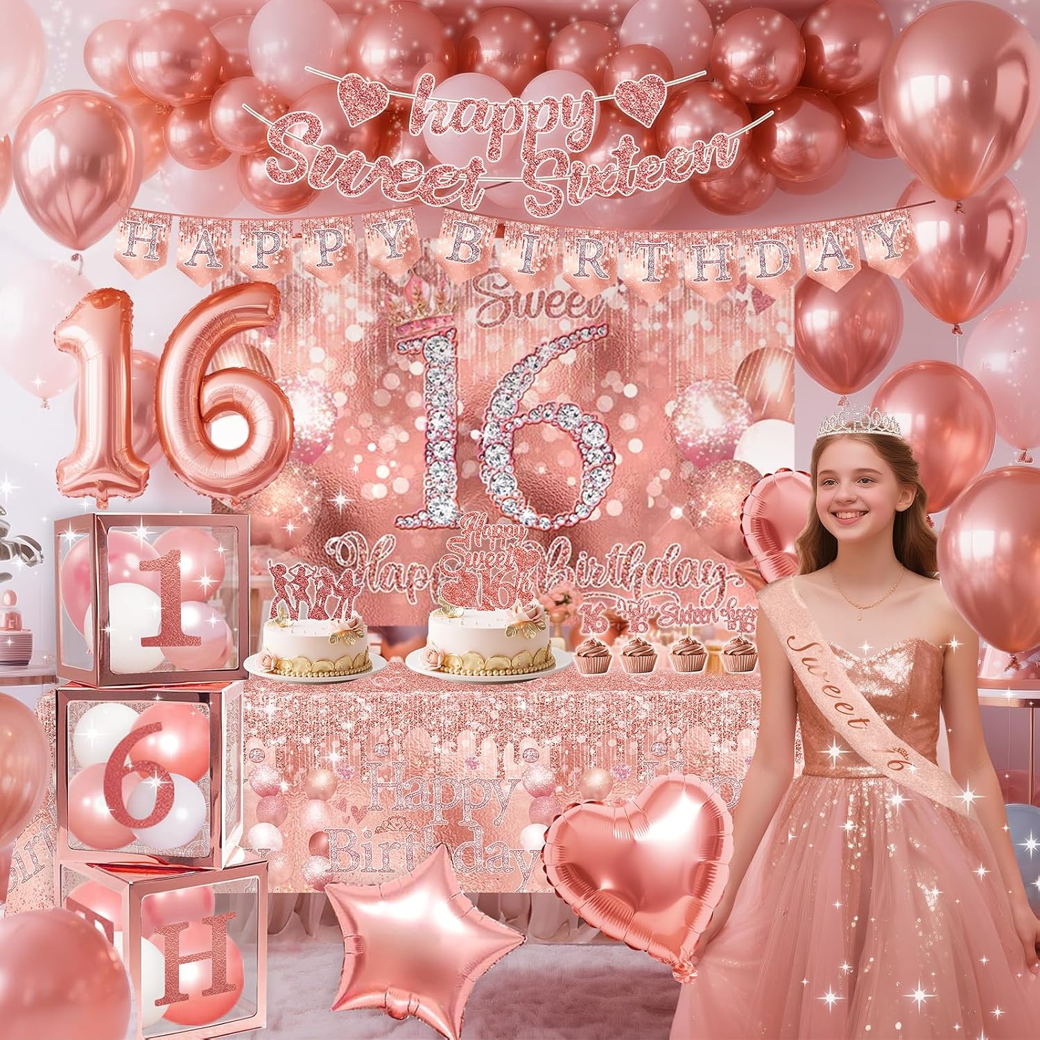 Sweet 16 Birthday Party Decorations for Girls Sweet Sixteen Rose Gold 16th Bday Decor,Glitter Banner Crown Balloon Boxes,Tablecloth,Sash,Backdrop Cake Topper for 16th Girls Pink Bday Party Supplies
