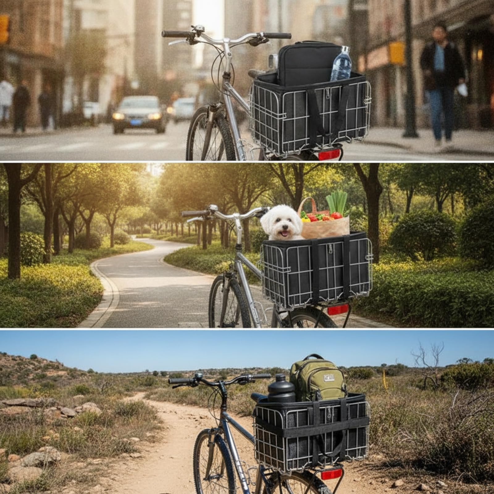Drahtkorb mit Tasche faltbar Fahrradkorb mit Innentasche zusammenklappbar Gepäckkorb für Radfahr, Einkauf, Silber, Verstärkter Korb + Innentasche