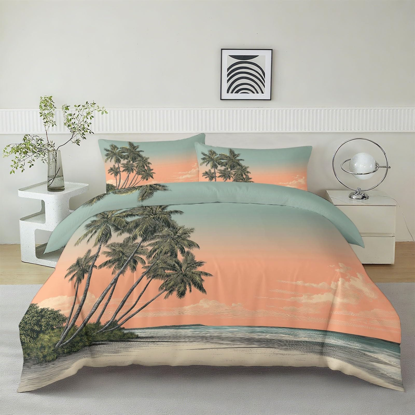 Parure de lit 200x200 housse de couette microfibre douce motif palmier vert avec taies