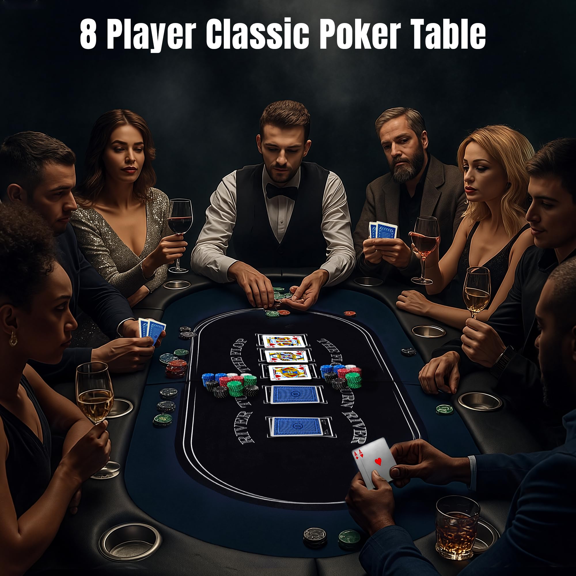 HLC Tavolo da poker pieghevole per 8 giocatori per adulti, design professionale da casinò, con binario imbottito e portabicchieri profondi, telaio in acciaio resistente, portatile per giochi domestici