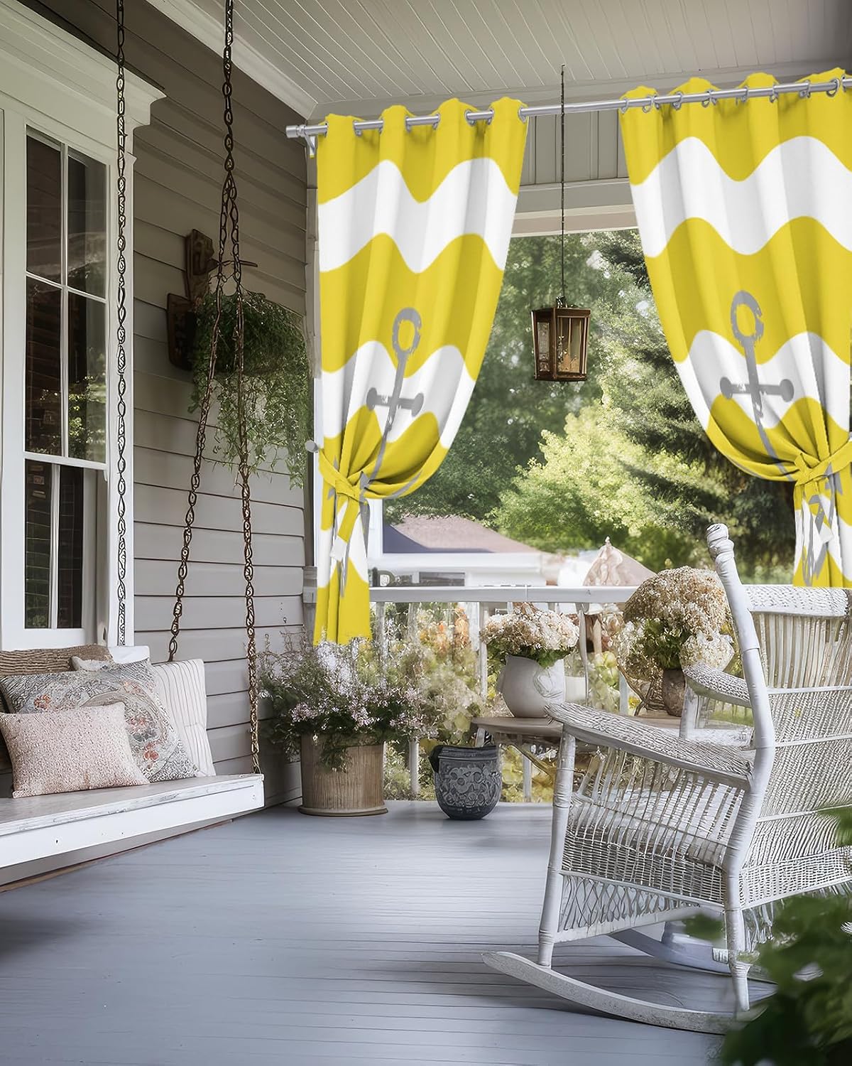 Outdoor Curtain for Patio Waterproof, Grey Nautical Anchor Yellow Wavy Stripes Windows Curtains Panels Light Filtering Outside Drapes for Living Room/Pergola/Garden/Balcony 52" W x 84" L x 2