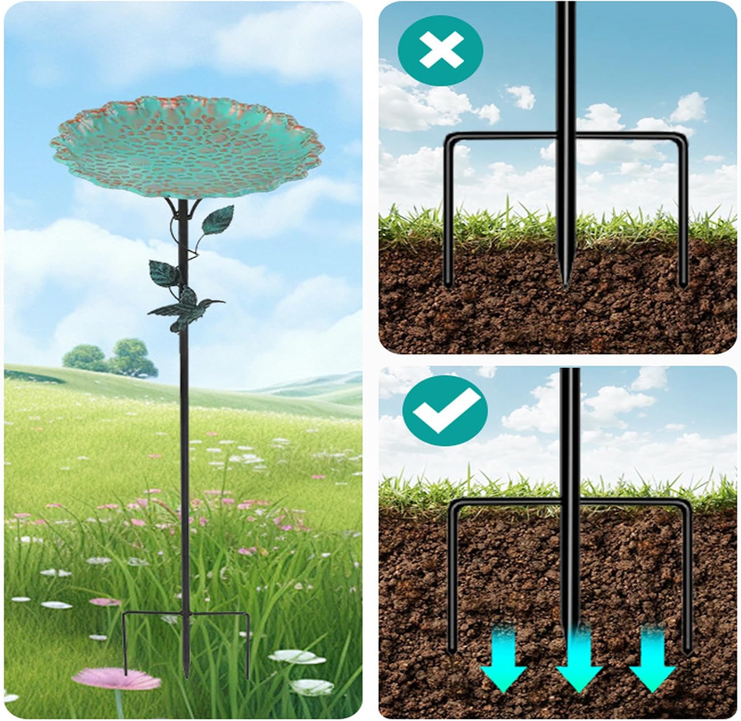 Hummingbird Bird Bath for Outside, 2PCS Metal Stake Birdfeeder with Lotus Flower Design, Rust-Resistant Outdoor Birdbath
