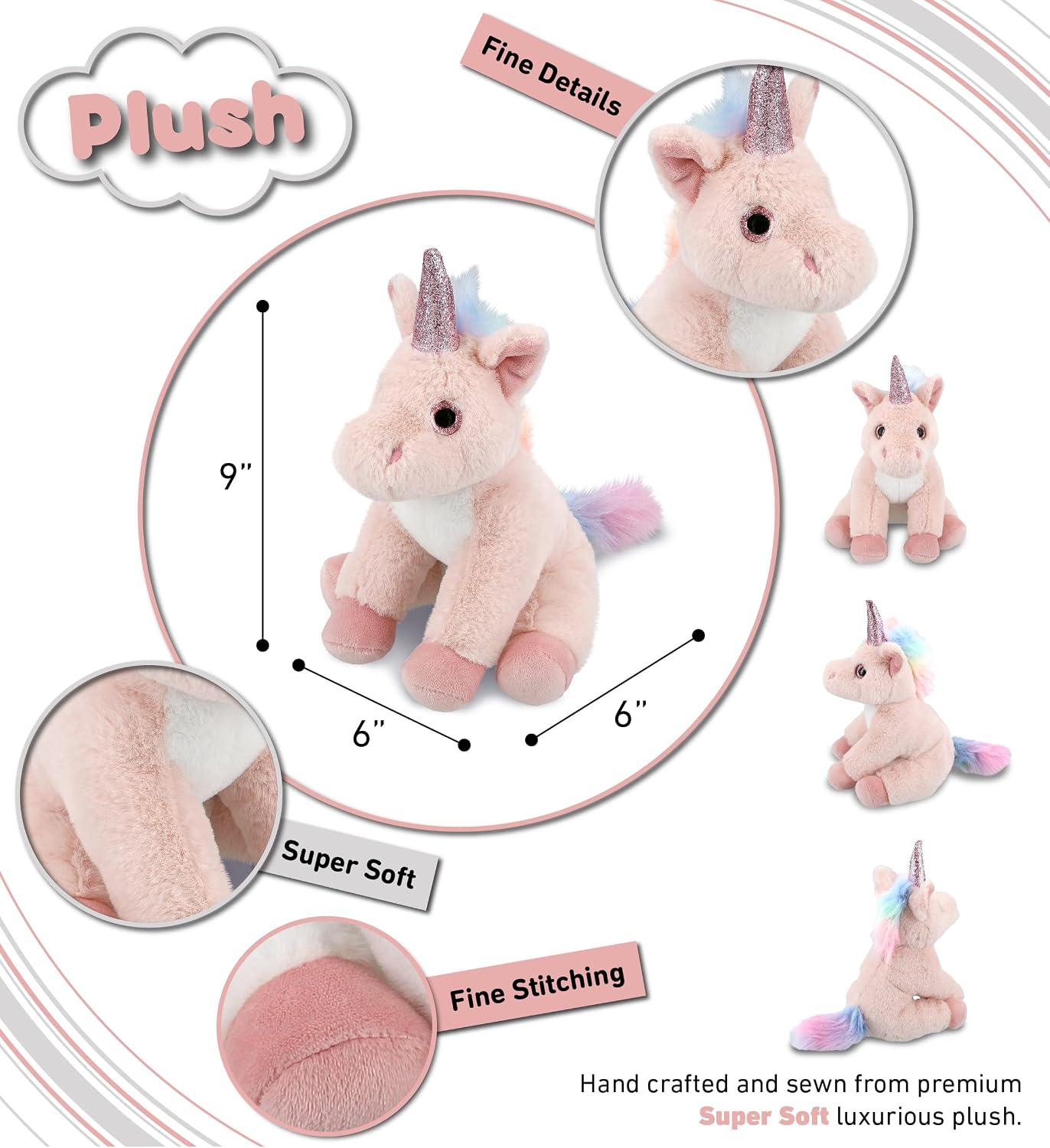 DolliBu Plush Pink Unicorn Stuffed Animal - Soft Huggable Unicorn, Adorable Playtime Unicorn Plush Toy, Cute Fantasy Cuddle Gifts for Kids and Adults - 9 Inches