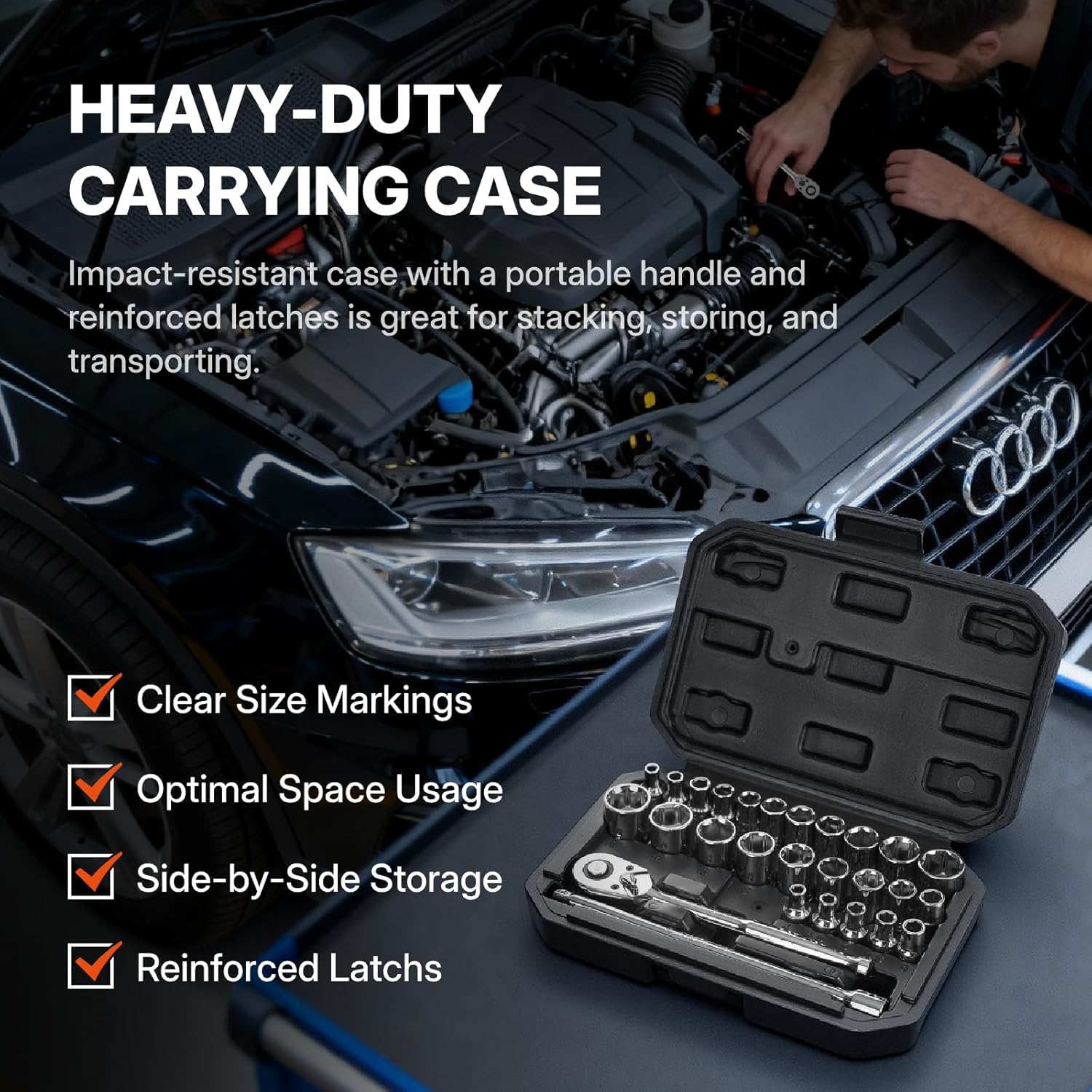 BLACK CANYON 1/4 in Drive Socket Set 27 Piece, 6-Point Metric/SAE, Premium Cr-V Steel Polished Chrome Finish with Heavy-Duty Carrying Case & Clear Size Markings for Automotive Repair Home Maintenance