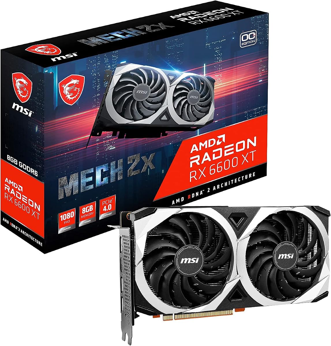 MSI Gaming Radeon RX 6600 XT MECH 2X 8G OC 128-bit 8GB GDDR6 DP/HDMI Dual Torx Fans FreeSync DirectX 12 VR Ready OC Tarjeta gráfica, Tarjeta de video AMD GPU para PC para juegos (renovada)