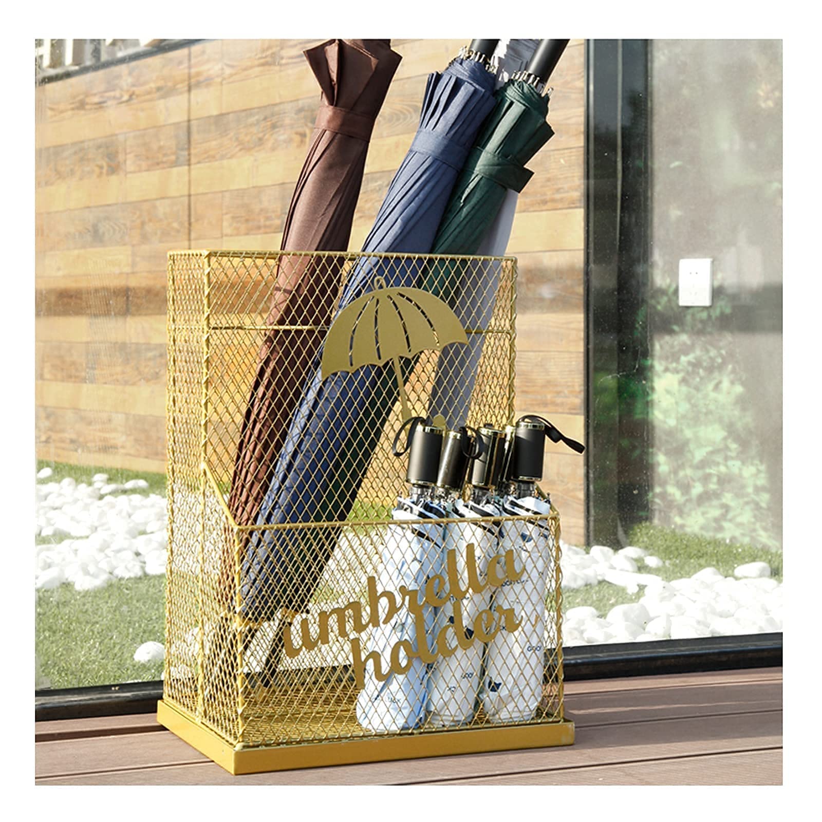 Porte-parapluies doré métallique pour rangement de couloir