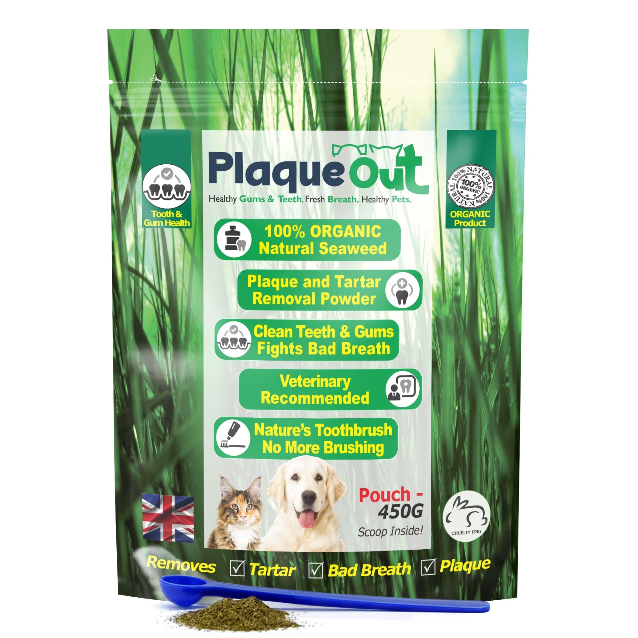 450g Pouch - Plaque Off Remover - 100% Natural and Organic Seaweed Powder for Dogs & Cats - Dog Teeth Cleaning, Plaque Removal, Pet Dental Care, Bad Breath, Gum Care and Tartar Control