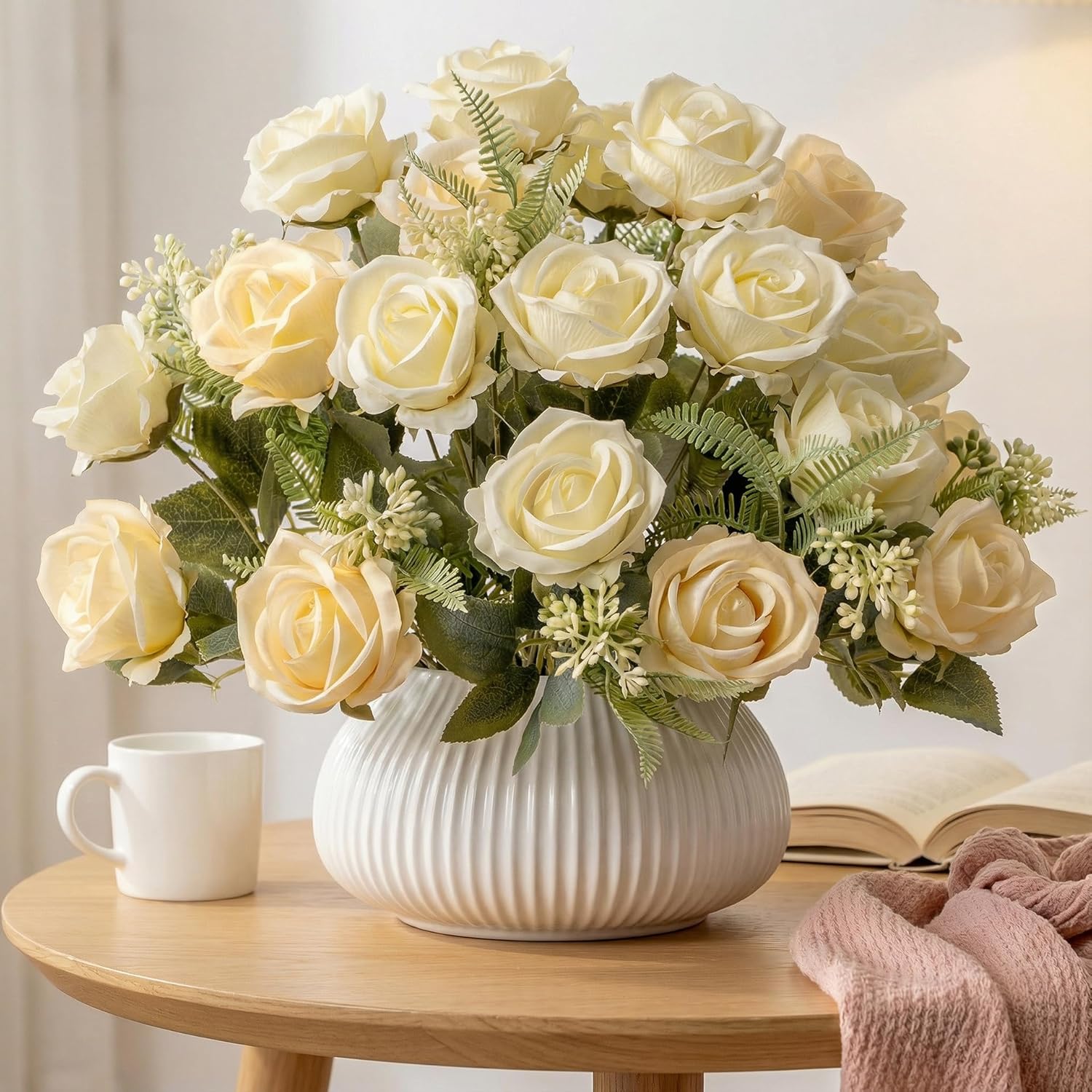 Fake Roses Champagne Roses Artificial Roses Silk Roses Artificial Roses with Stems 24 Full Flower Heads Faux Roses for Indoor Centerpieces home Wedding Farmhouse Decoration No Vase(4PCS,Champagne)