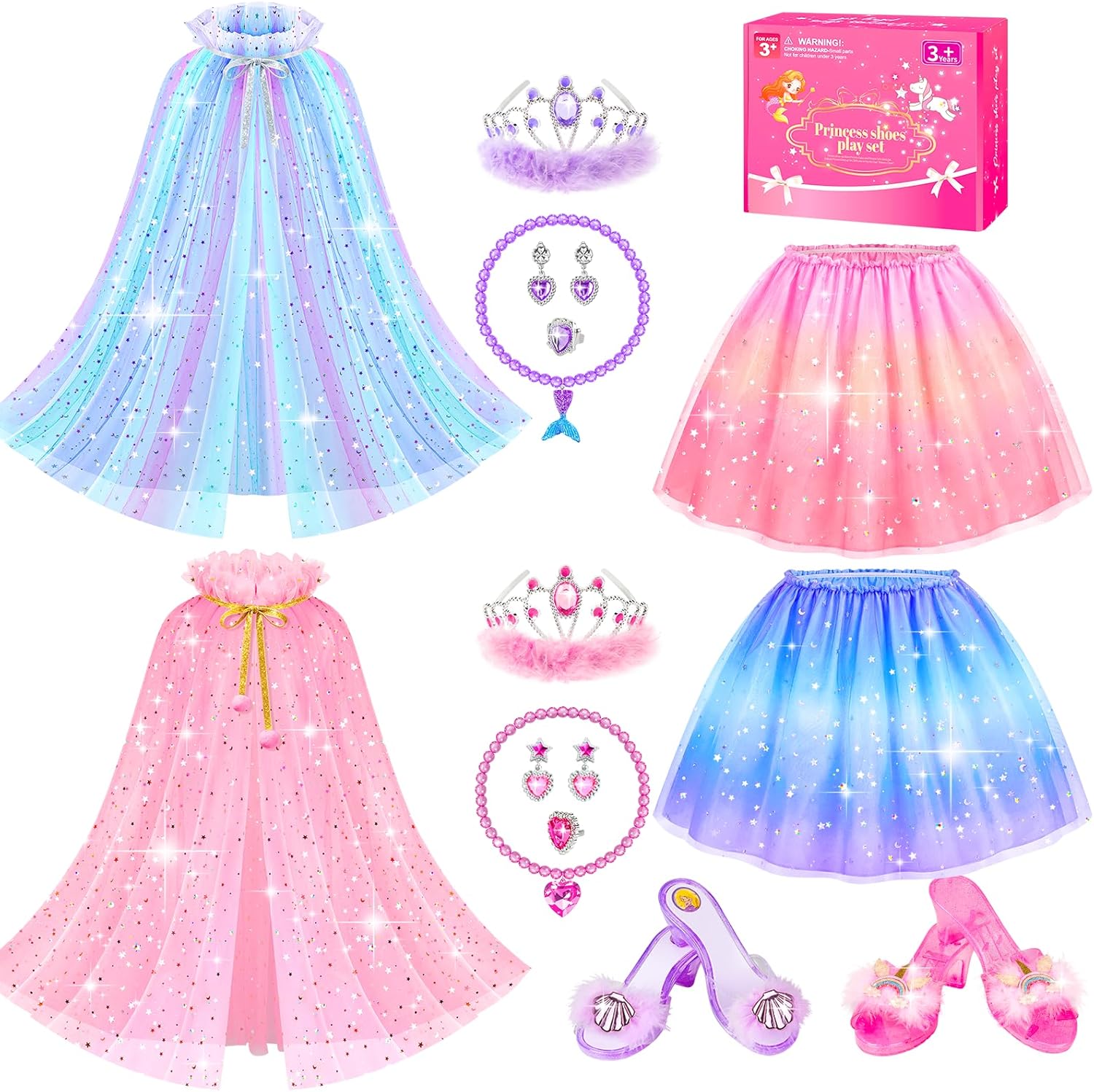 Jeowoqao Princess Dress Up, Dress Up Clothes for Girls Princess's Toys Set with Princesses Capes Shoes Dress Jewelry, Birthday Christmas Gifts for Toddles Girls 3 4 5 6 Years