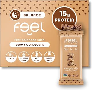 Feel Vegan Protein Bars, Balance, Cordyceps, 15g Protein, Adaptogenic Snack, Organic, Low Carb, Gluten Free, Dairy, Nut, Grain, Soy Free, Cookie Dough, 10 Pack