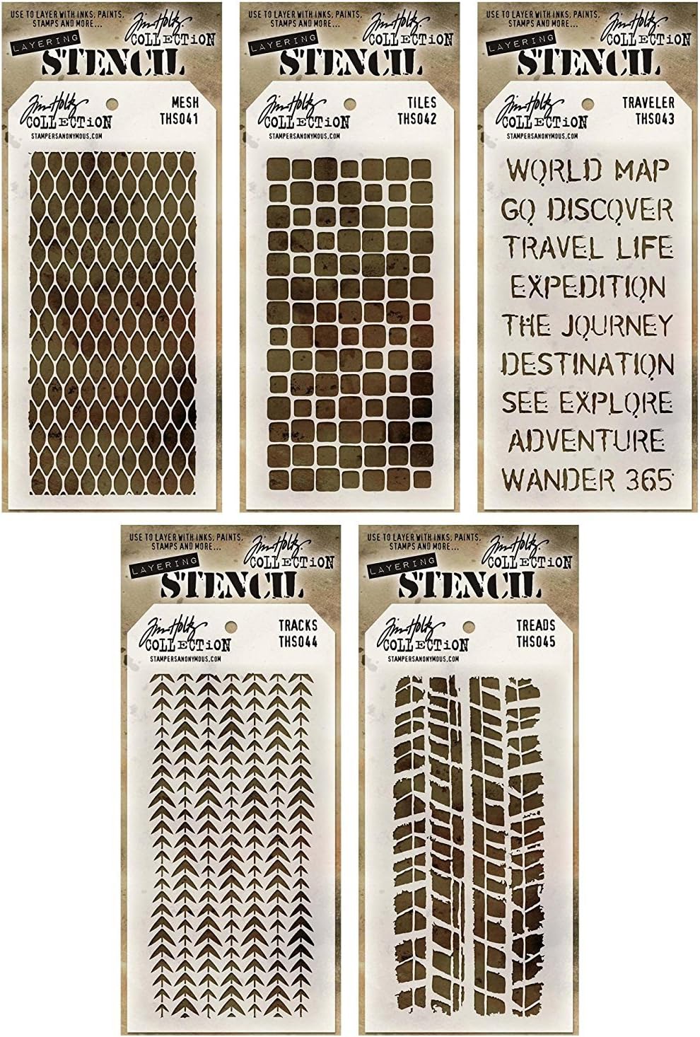 Tim Holtz - Stencils Set 3 - Five Item Bundle - Mesh, Tiles, Travelers, Tracks, and Treads