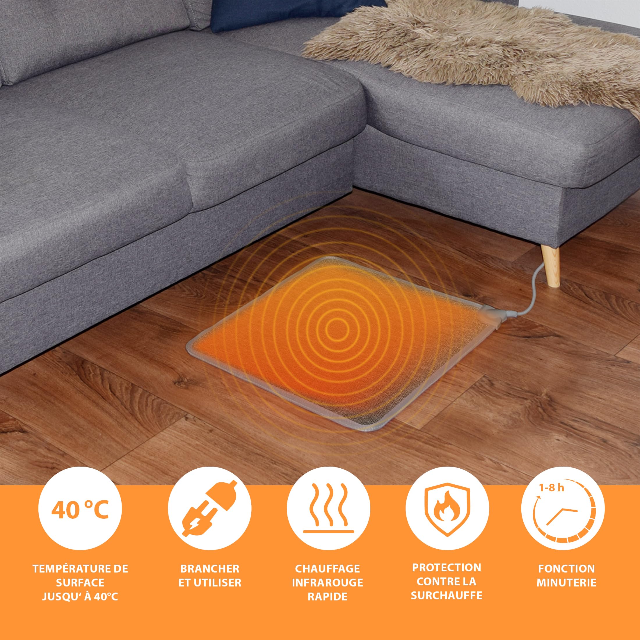 Mi-Heat Warm-Feet Tapis Chauffant Bureau Infrarouge (55x80cm) – Tapis Chauffant pour les Pieds avec Minuterie et Variateur, env. 40°C 230V – Base Antidérapante, Gris Anthracite