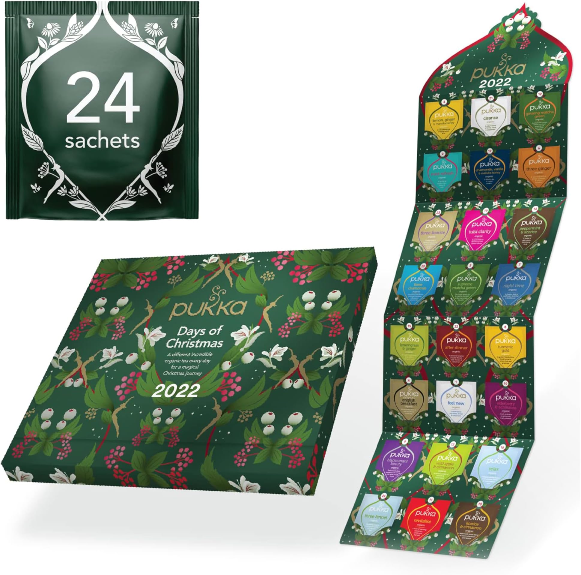Pukka Herbs, Days of Christmas Herbal Tea Advent Calendar, Organic Herbal Tea, Eco-Friendly, Non Chocolate, Dairy Free, 24 Sachets